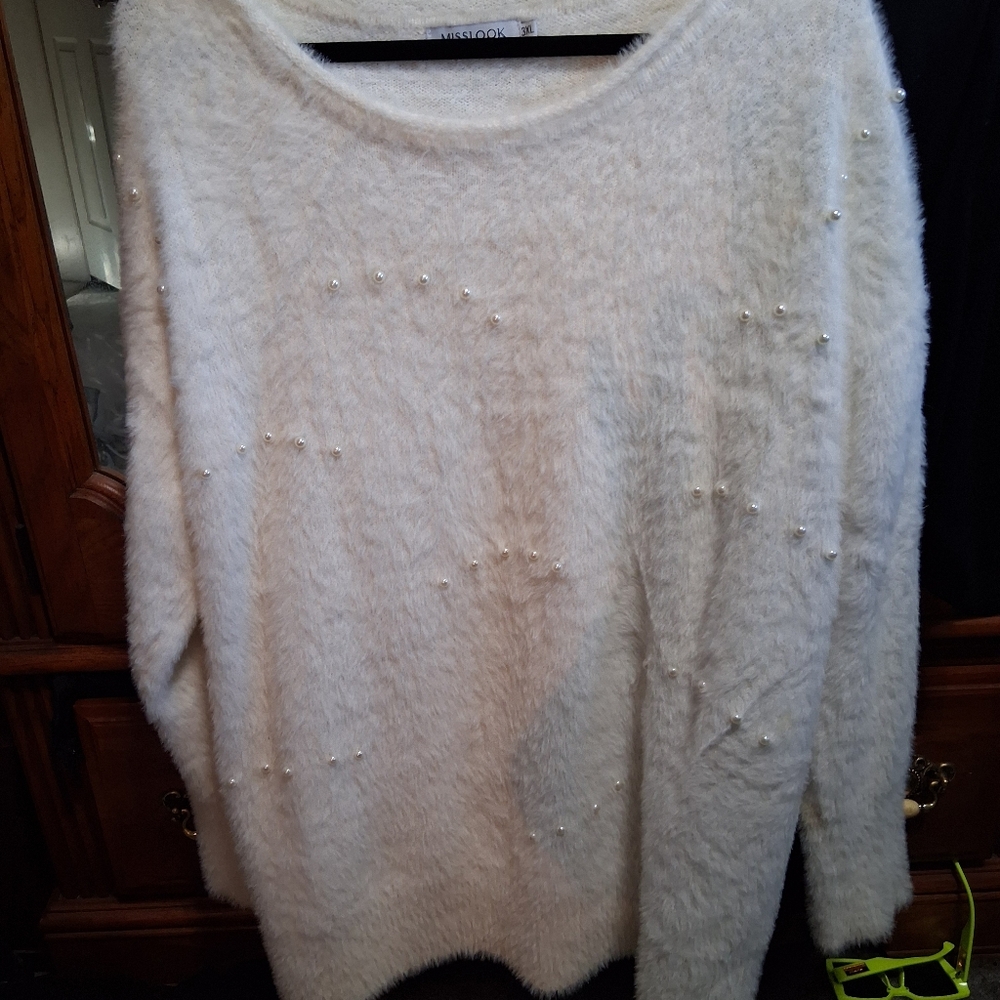 Misslook Ivory Pearl-Accent Fuzzy Crew Sweater